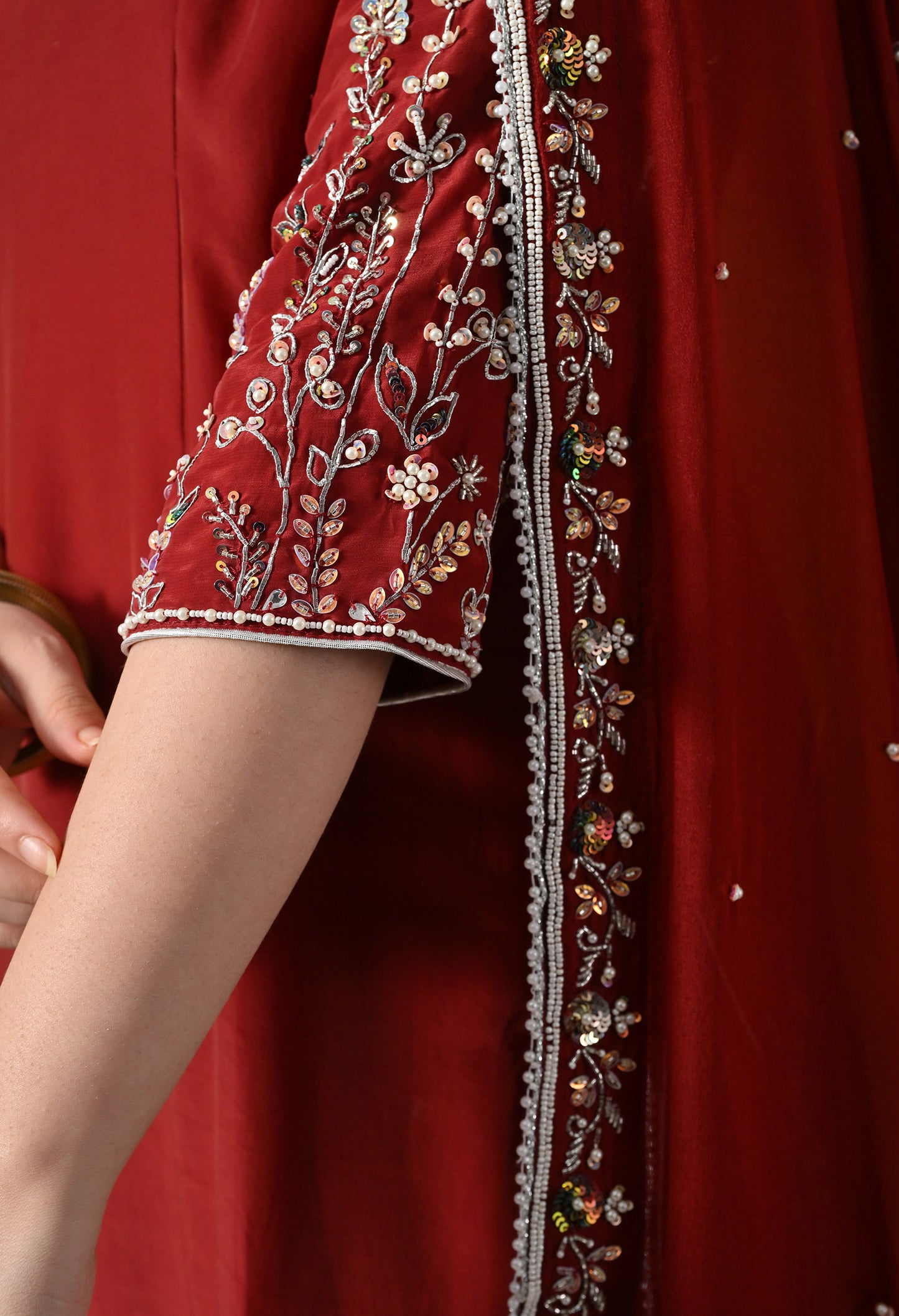 Rich Maroon Crepe Gharara Set with Thread and Sequin Embroidery