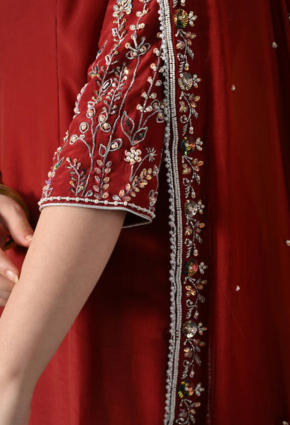 Rich Maroon Crepe Gharara Set with Thread and Sequin Embroidery