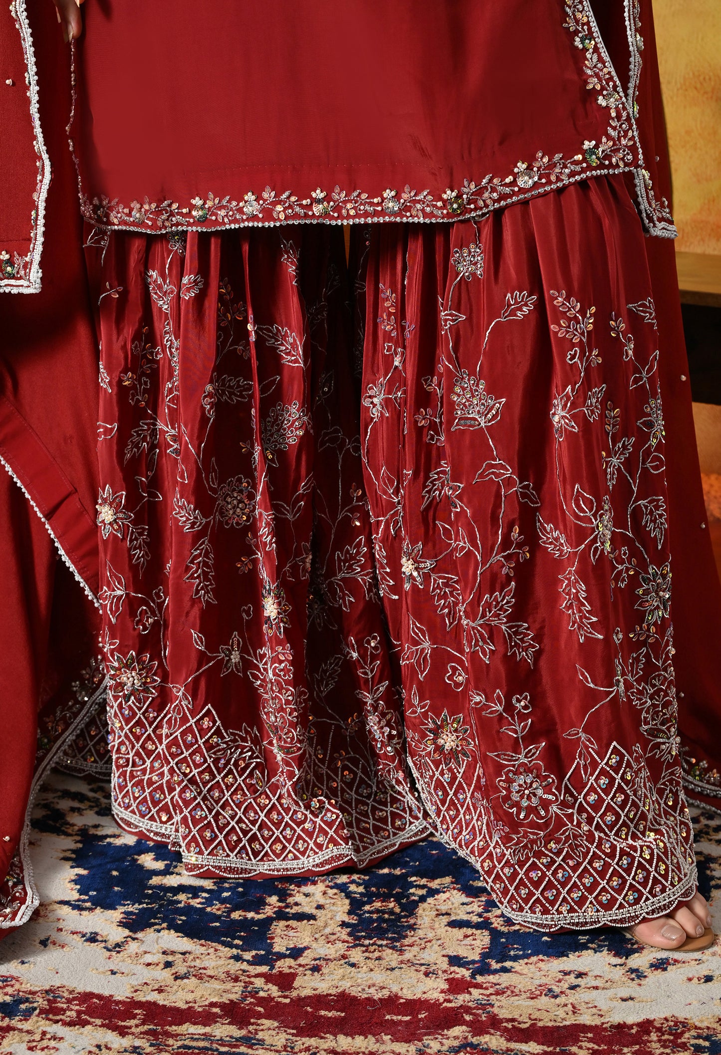 Rich Maroon Crepe Gharara Set with Thread and Sequin Embroidery