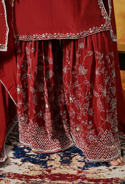 Rich Maroon Crepe Gharara Set with Thread and Sequin Embroidery