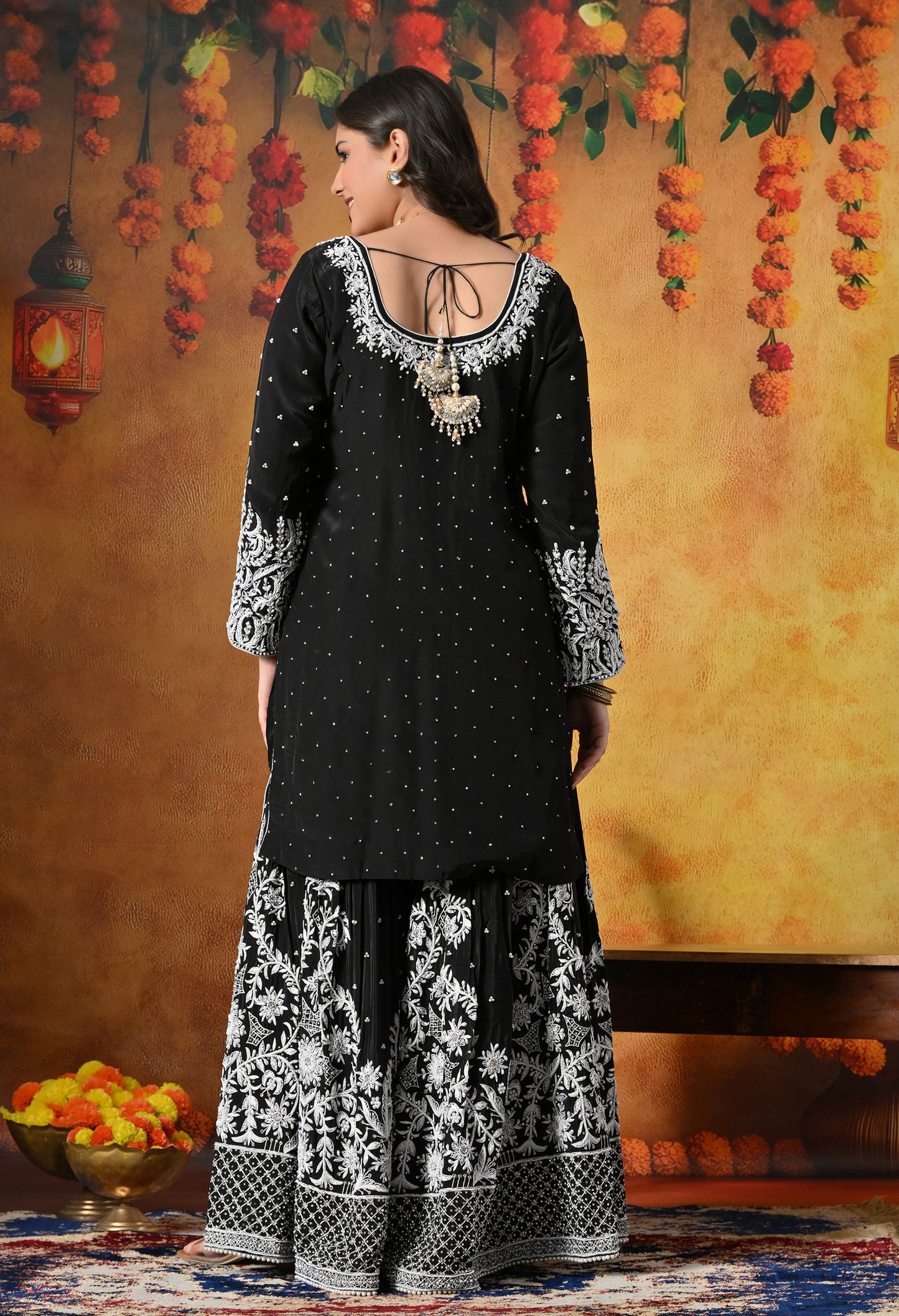 Sophisticated Black Sharara Set with Thread and Sequin Embroidery