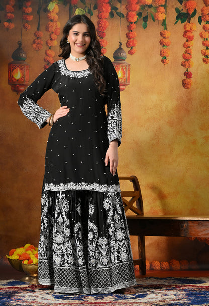 Sophisticated Black Sharara Set with Thread and Sequin Embroidery