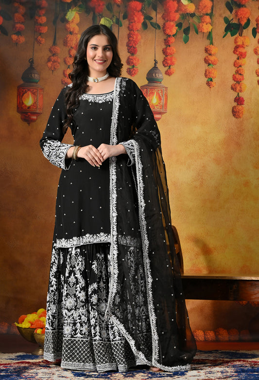 Sophisticated Black Sharara Set with Thread and Sequin Embroidery
