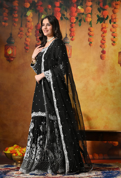 Sophisticated Black Sharara Set with Thread and Sequin Embroidery