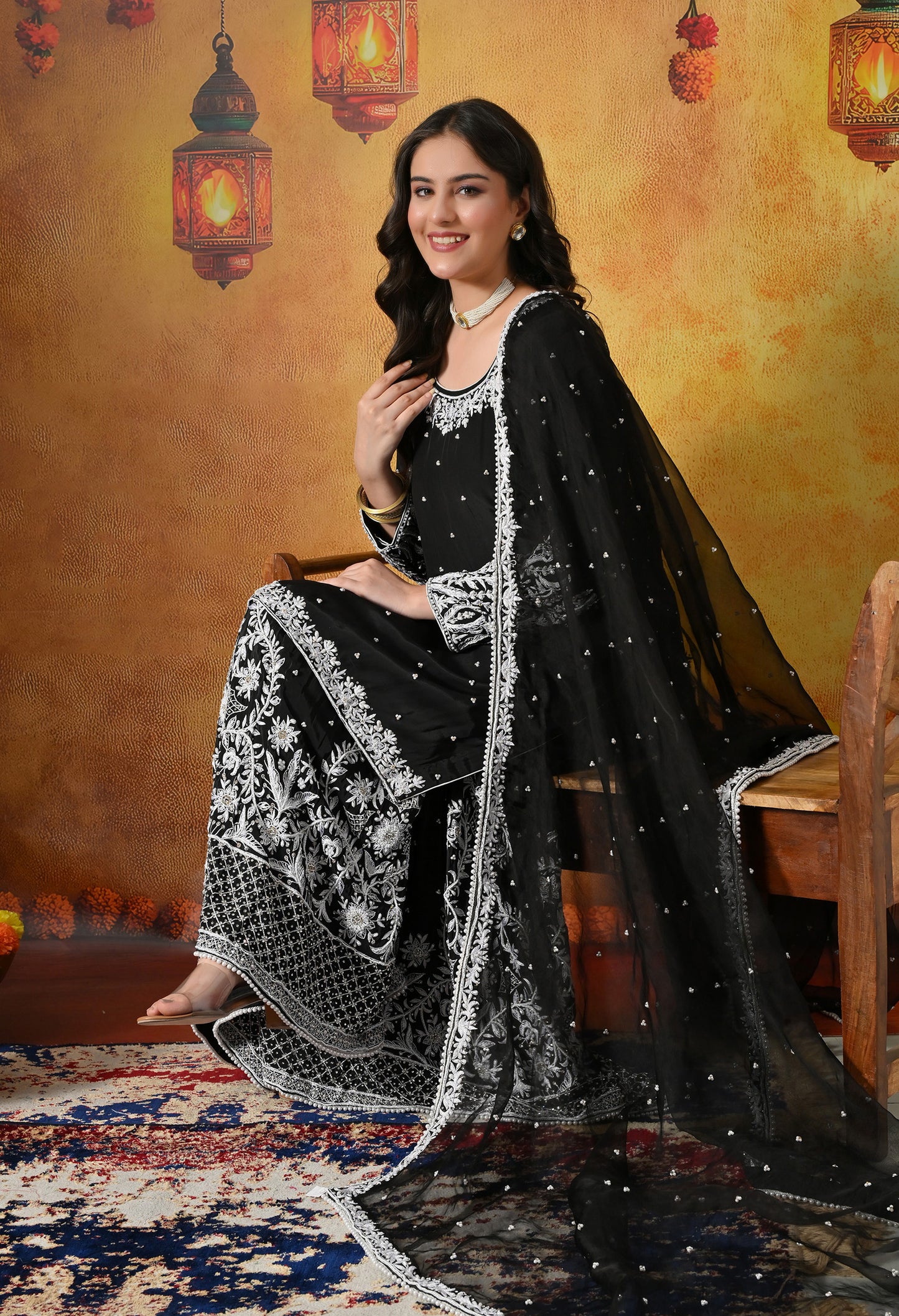 Sophisticated Black Sharara Set with Thread and Sequin Embroidery