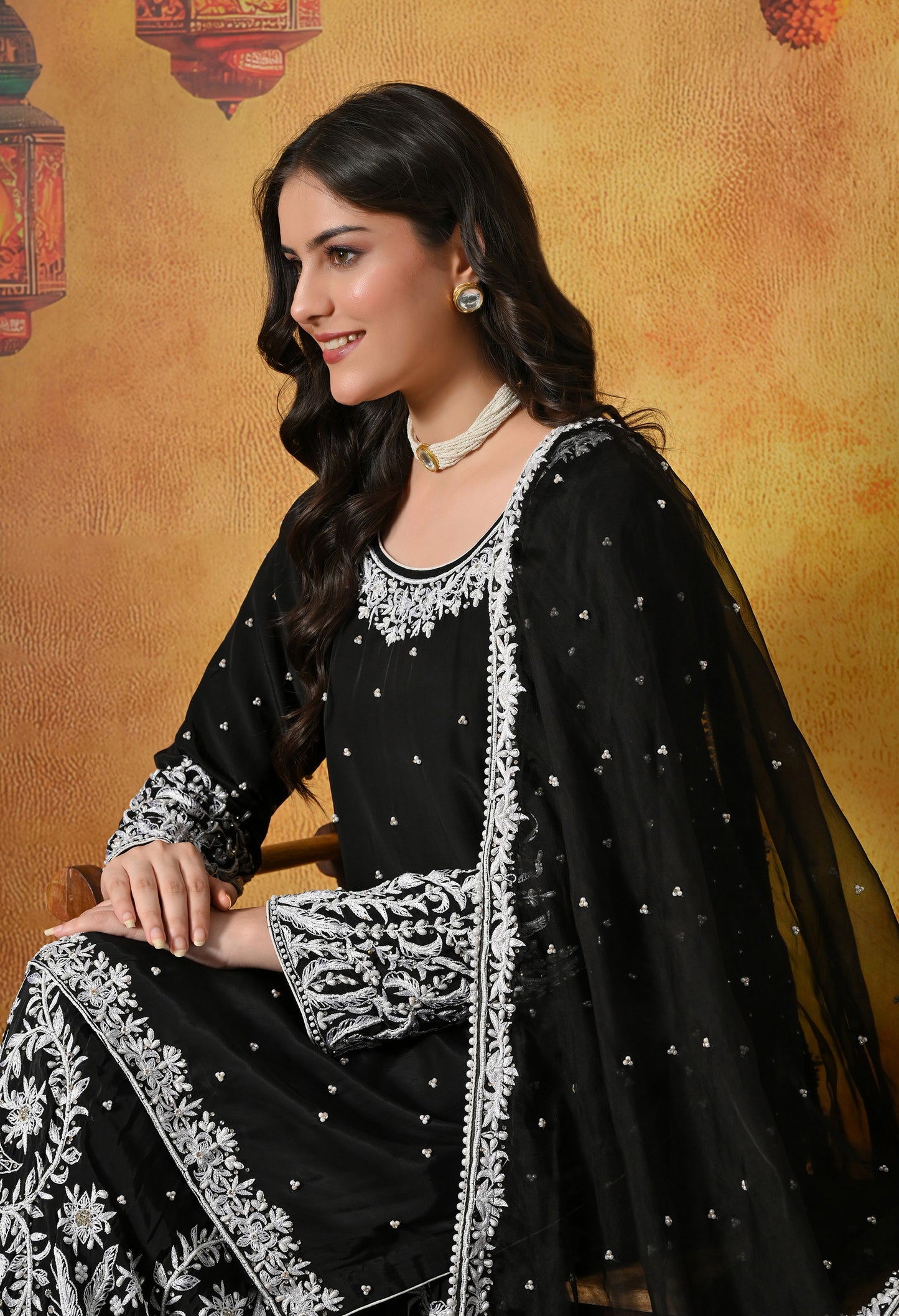 Sophisticated Black Sharara Set with Thread and Sequin Embroidery
