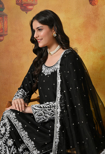 Sophisticated Black Sharara Set with Thread and Sequin Embroidery