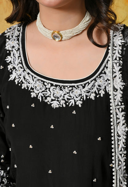 Sophisticated Black Sharara Set with Thread and Sequin Embroidery