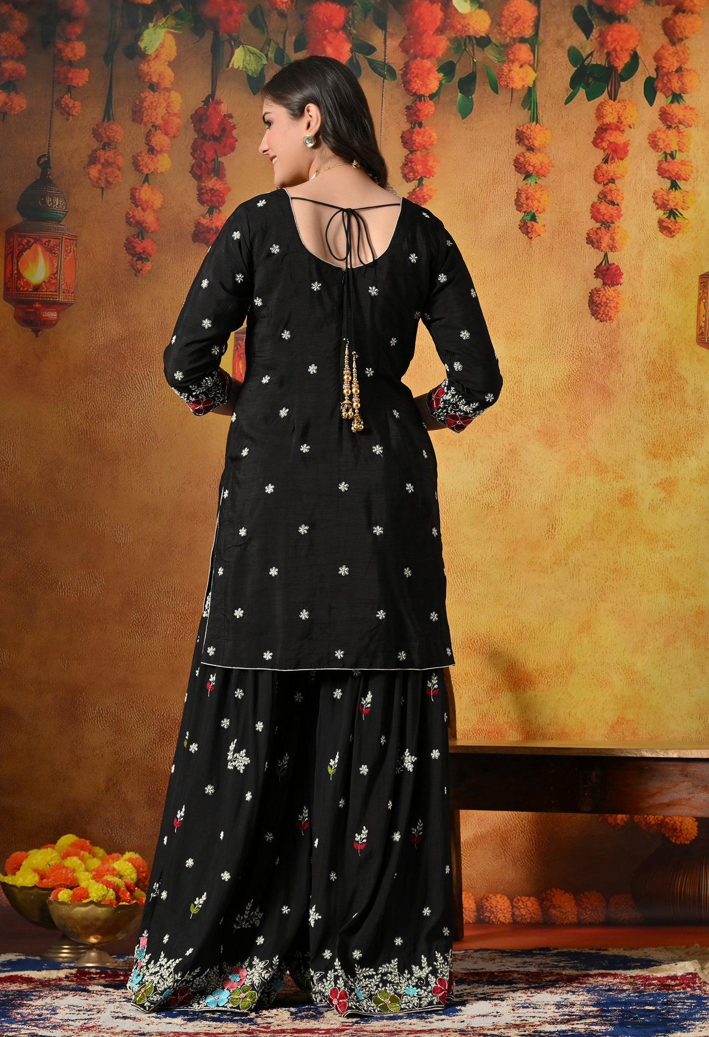 Striking Black Silk Gharara Set with Zardozi Embroidery