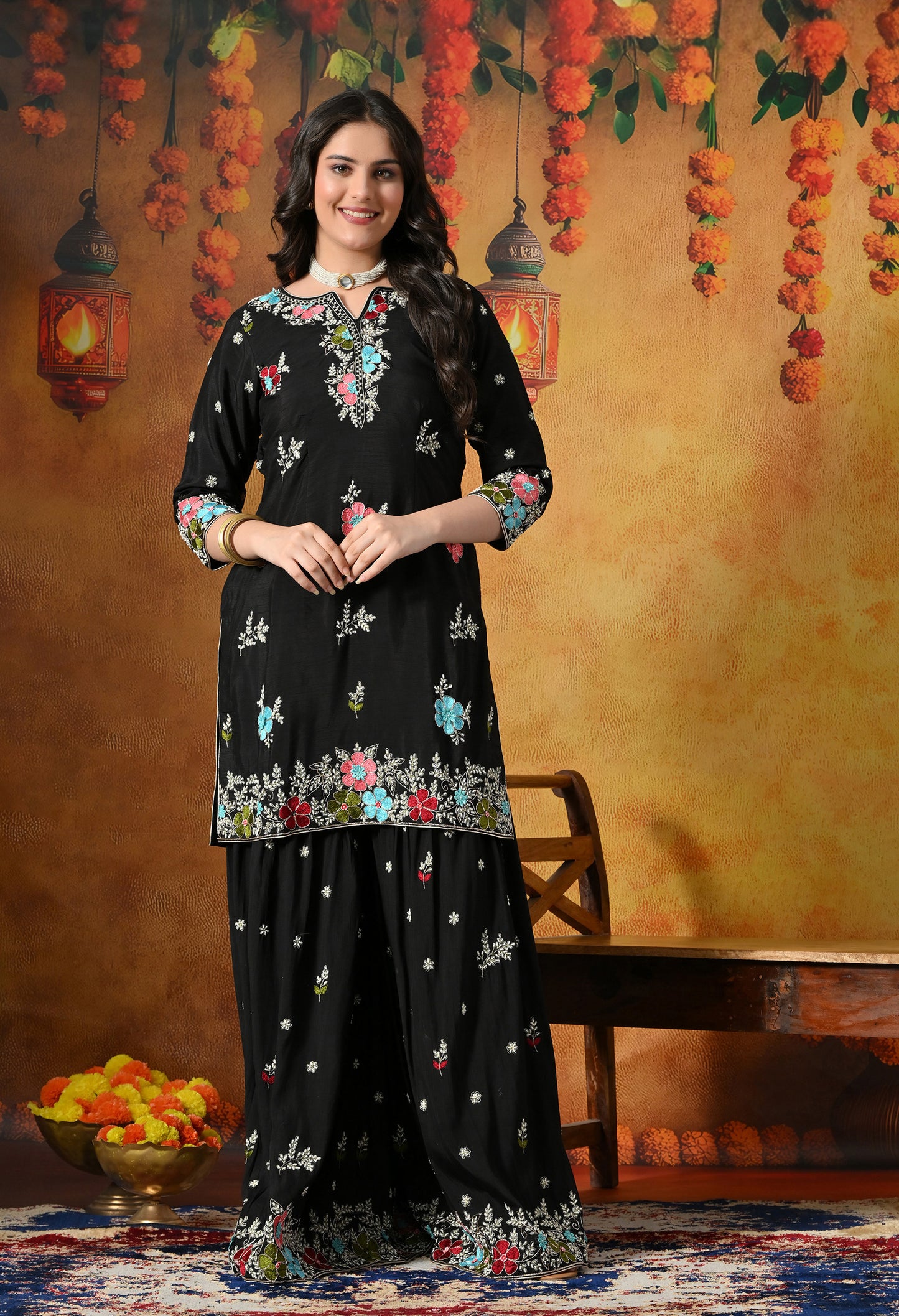 Striking Black Silk Gharara Set with Zardozi Embroidery