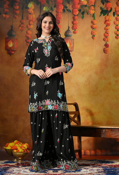 Striking Black Silk Gharara Set with Zardozi Embroidery