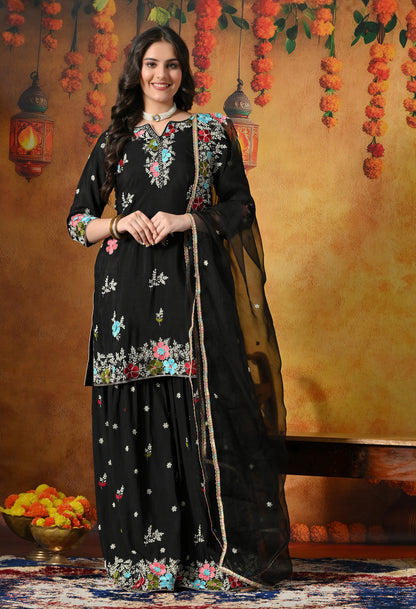 Striking Black Silk Gharara Set with Zardozi Embroidery
