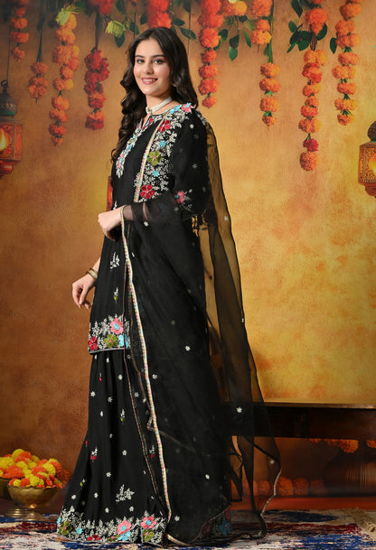 Striking Black Silk Gharara Set with Zardozi Embroidery