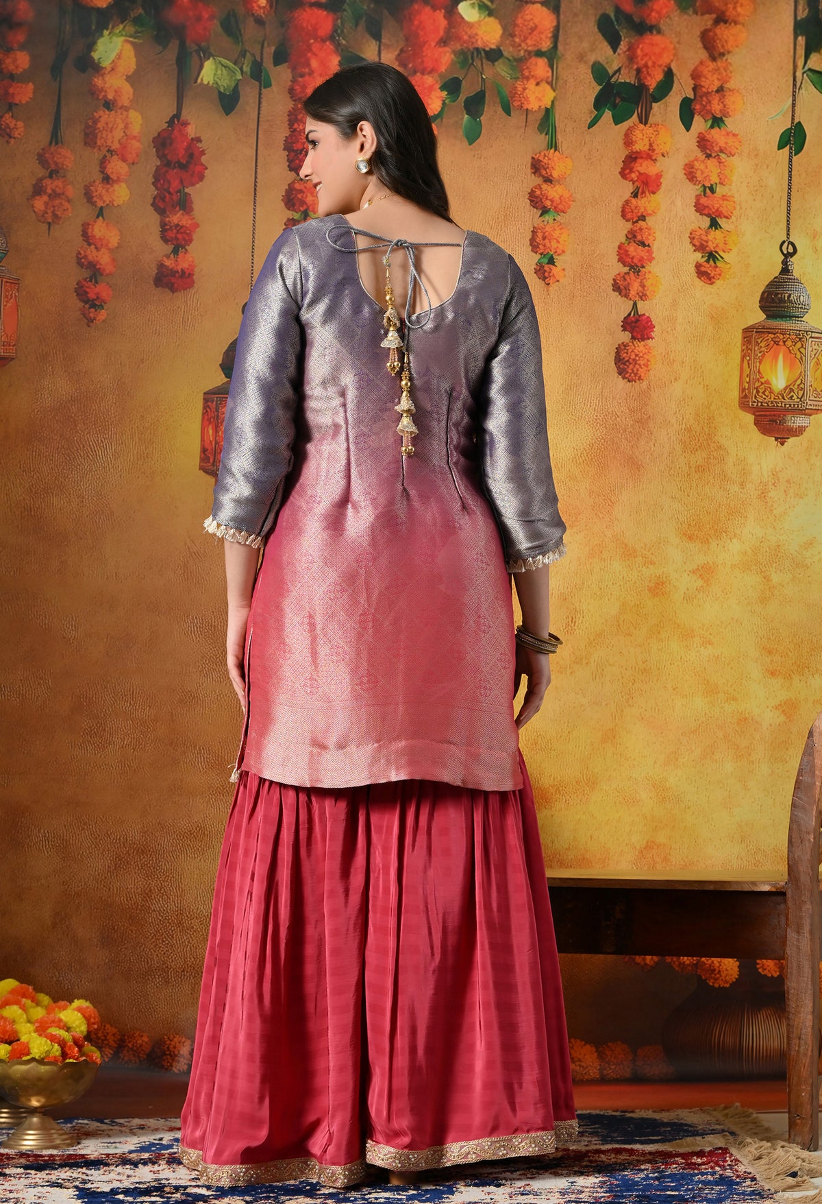 Brick Red & Purple Gharara Suit With Gotta & Crystal Embellishments