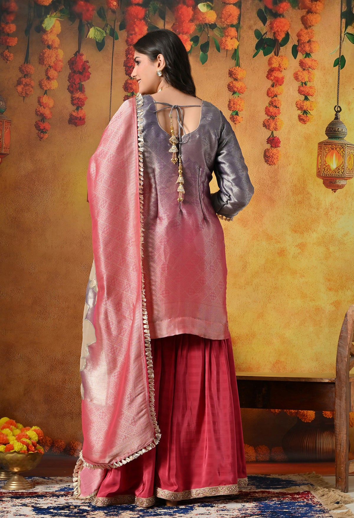 Brick Red & Purple Gharara Suit With Gotta & Crystal Embellishments
