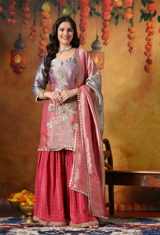 Brick Red & Purple Gharara Suit With Gotta & Crystal Embellishments