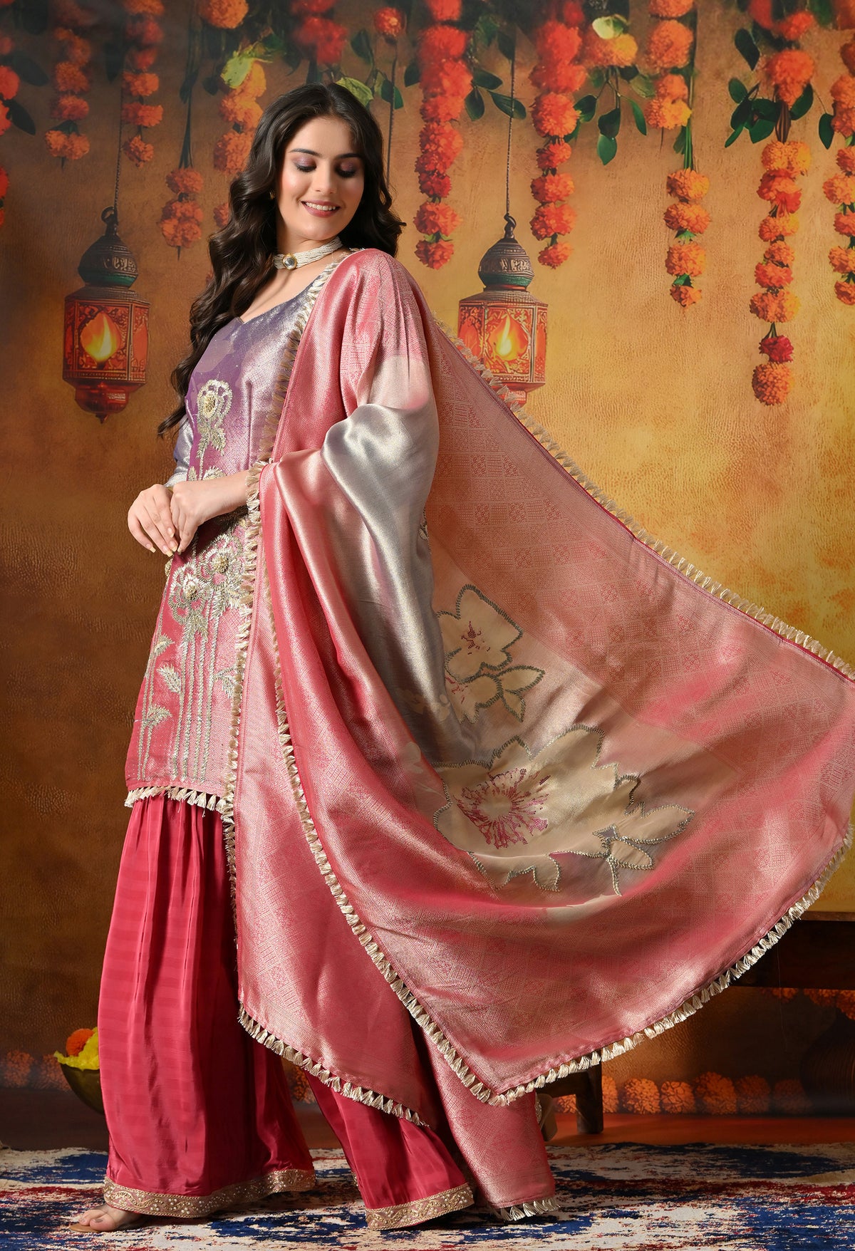 Brick Red & Purple Gharara Suit With Gotta & Crystal Embellishments
