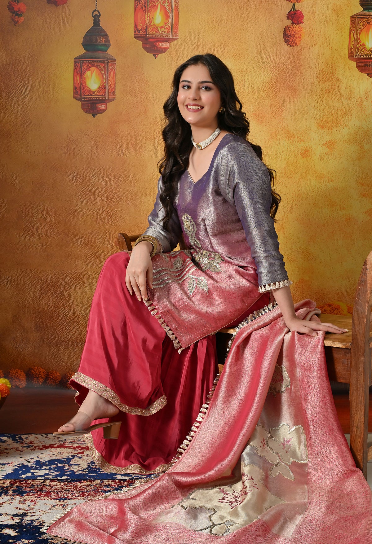 Brick Red & Purple Gharara Suit With Gotta & Crystal Embellishments