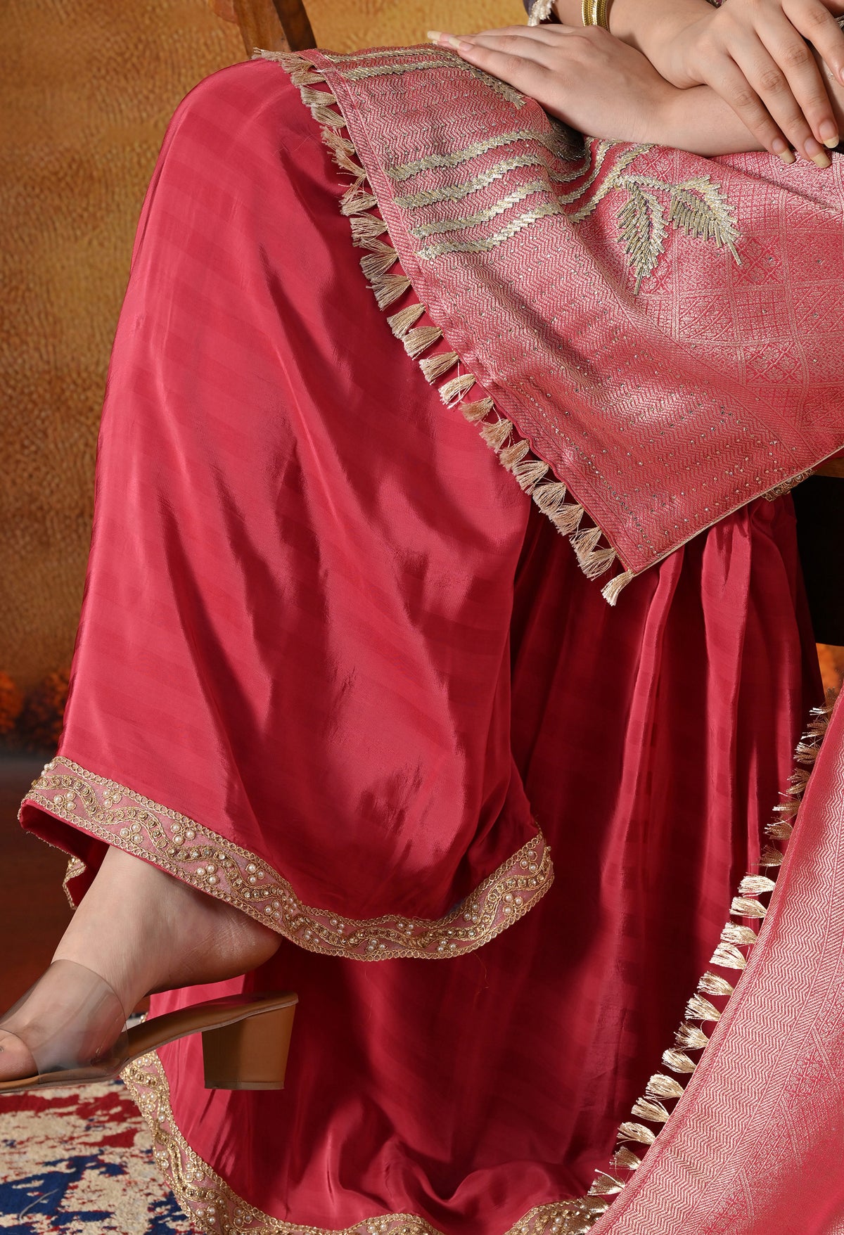 Brick Red & Purple Gharara Suit With Gotta & Crystal Embellishments