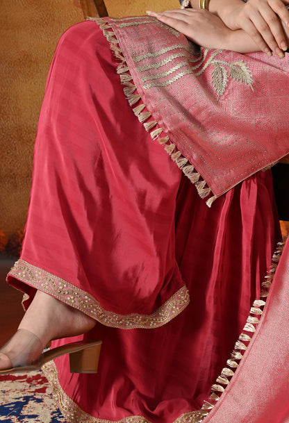 Brick Red & Purple Gharara Suit With Gotta & Crystal Embellishments
