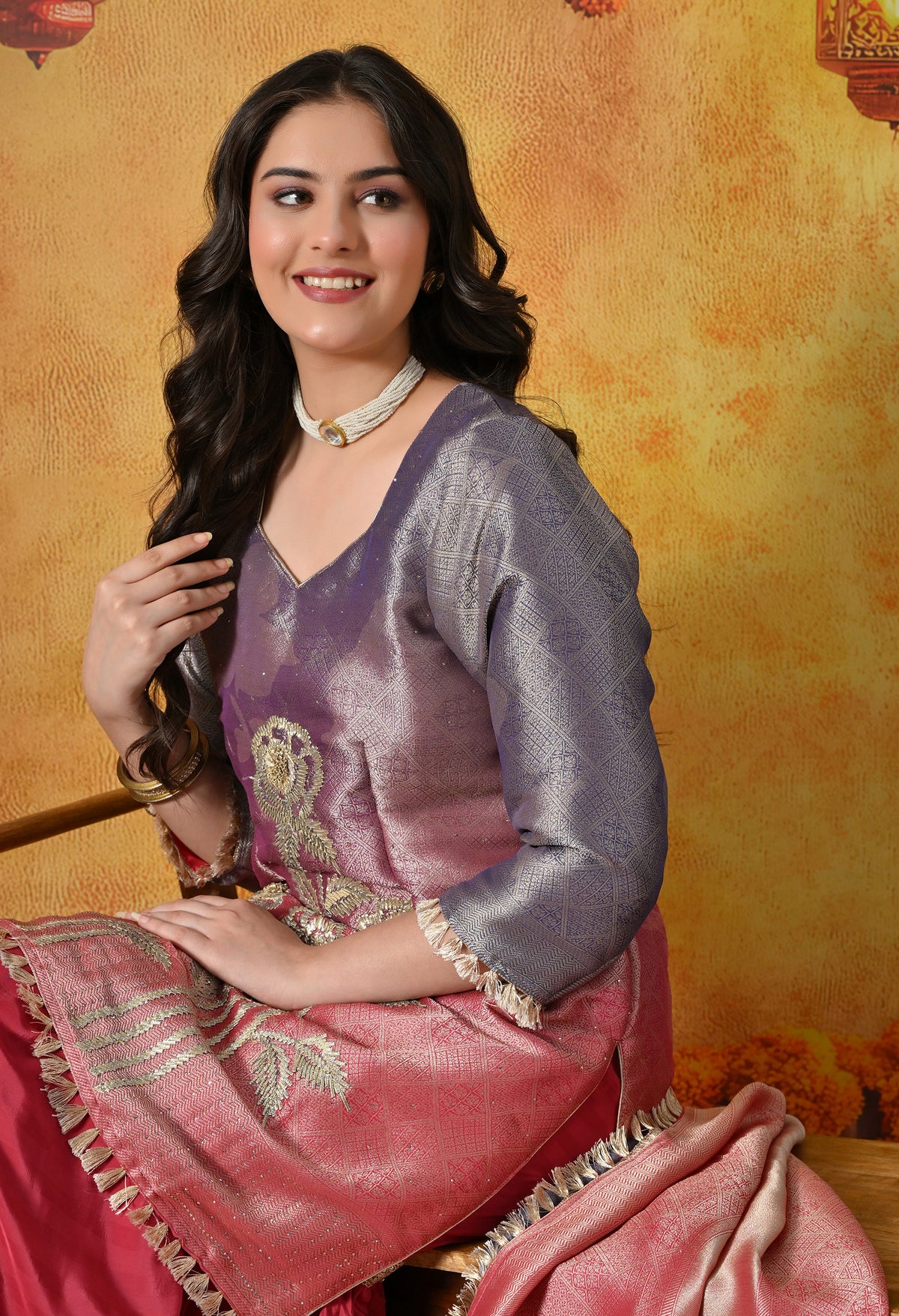 Brick Red & Purple Gharara Suit With Gotta & Crystal Embellishments