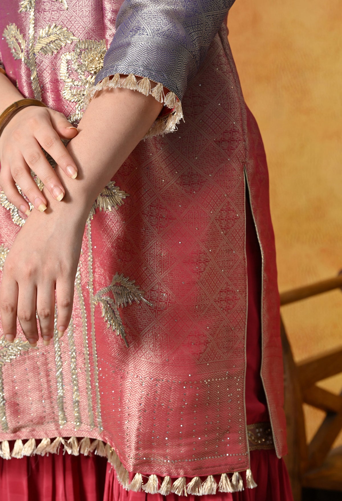 Brick Red & Purple Gharara Suit With Gotta & Crystal Embellishments