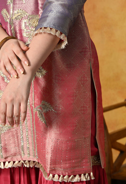 Brick Red & Purple Gharara Suit With Gotta & Crystal Embellishments
