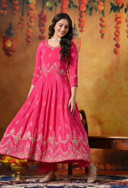 Pink Anarkali With Zardozi, Dabka & Crystal Embellishments