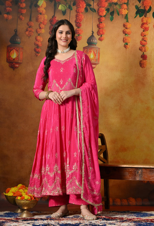 Pink Anarkali With Zardozi, Dabka & Crystal Embellishments