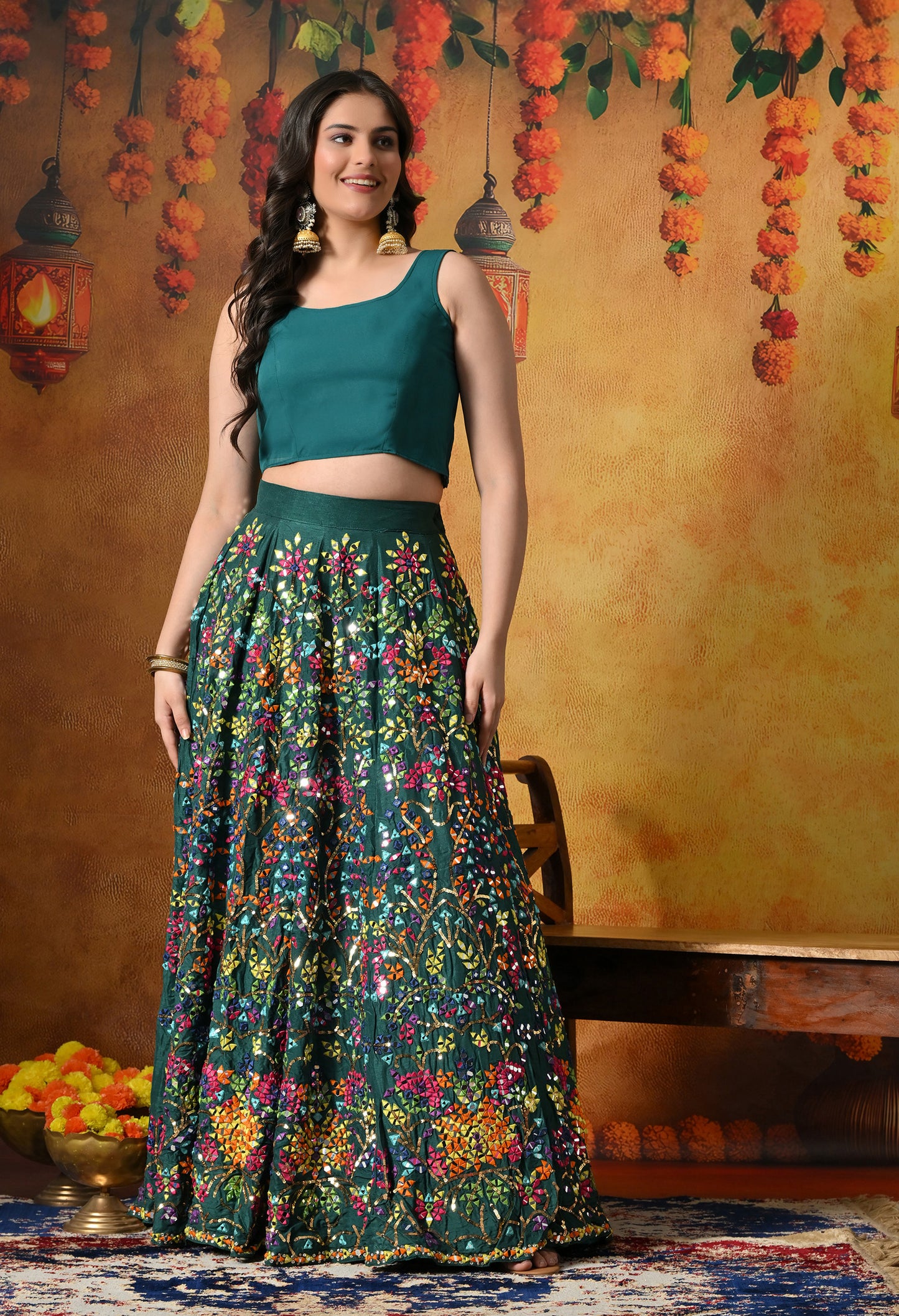 Elegant Green Lehnga with Jacket adorned  with Mirror and Thread Work
