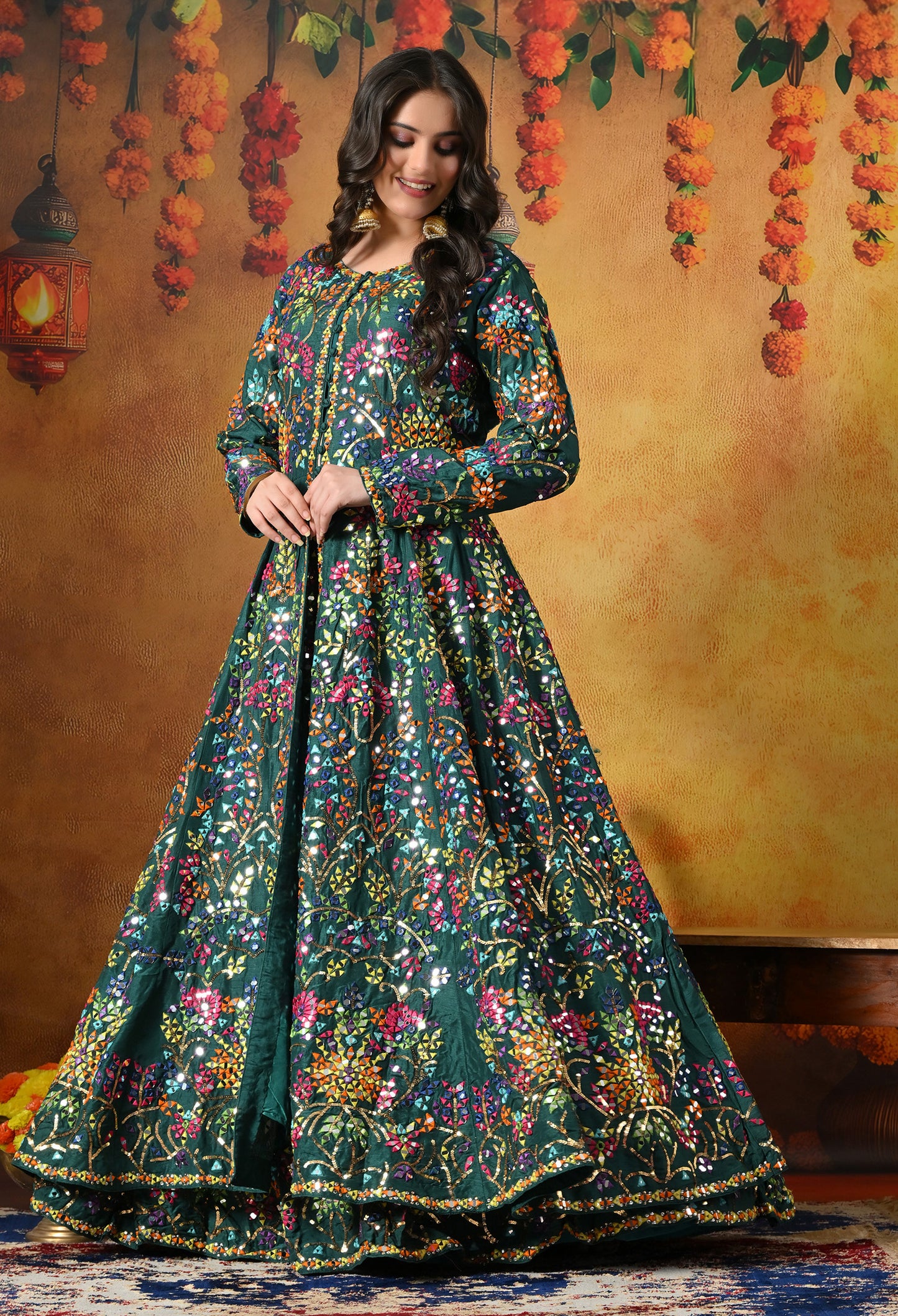 Elegant Green Lehnga with Jacket adorned  with Mirror and Thread Work