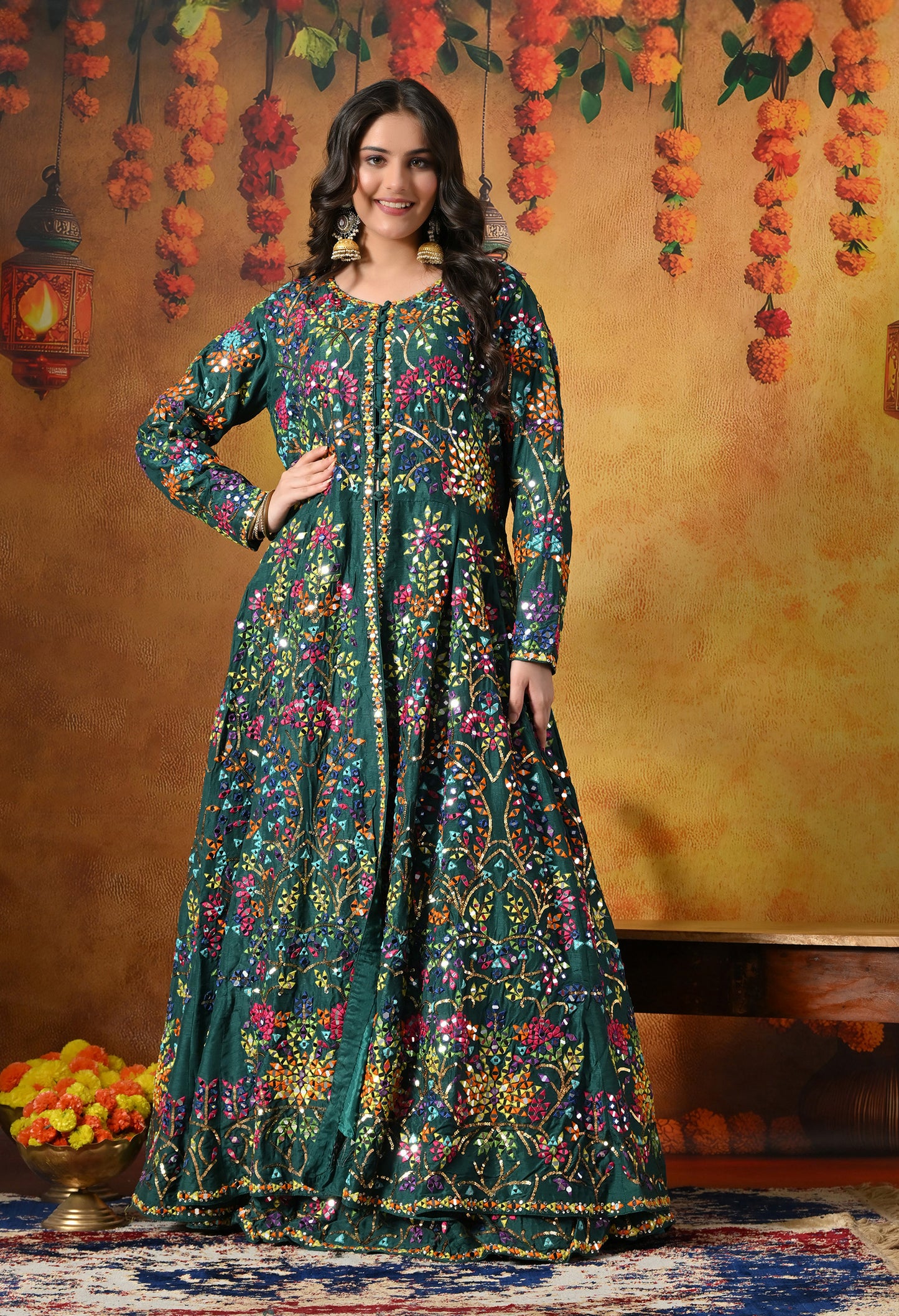 Elegant Green Lehnga with Jacket adorned  with Mirror and Thread Work