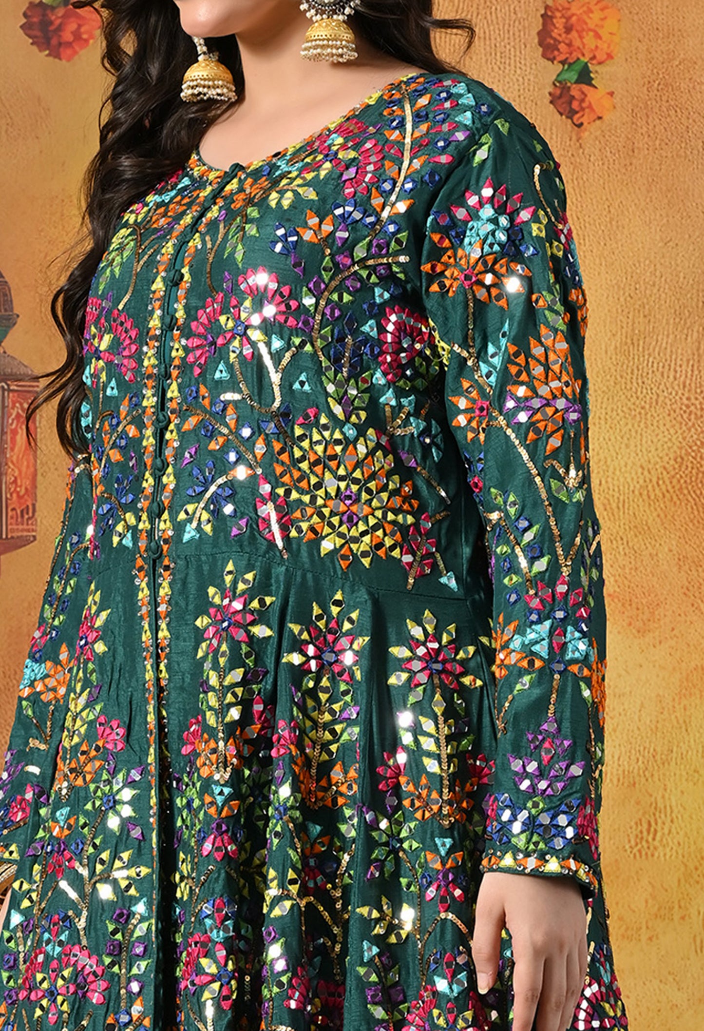 Elegant Green Lehnga with Jacket adorned  with Mirror and Thread Work