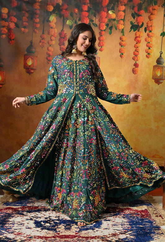 Elegant Green Lehnga with Jacket adorned  with Mirror and Thread Work