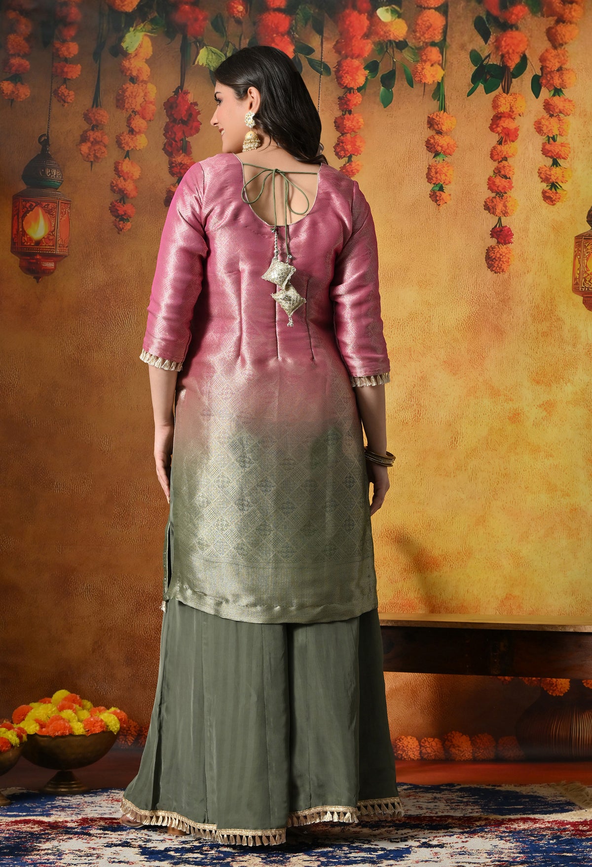 Pink & Green Sharara Set With Graceful Gotta & Crystal Embellishments
