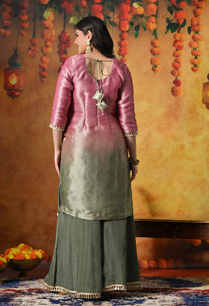 Pink & Green Sharara Set With Graceful Gotta & Crystal Embellishments