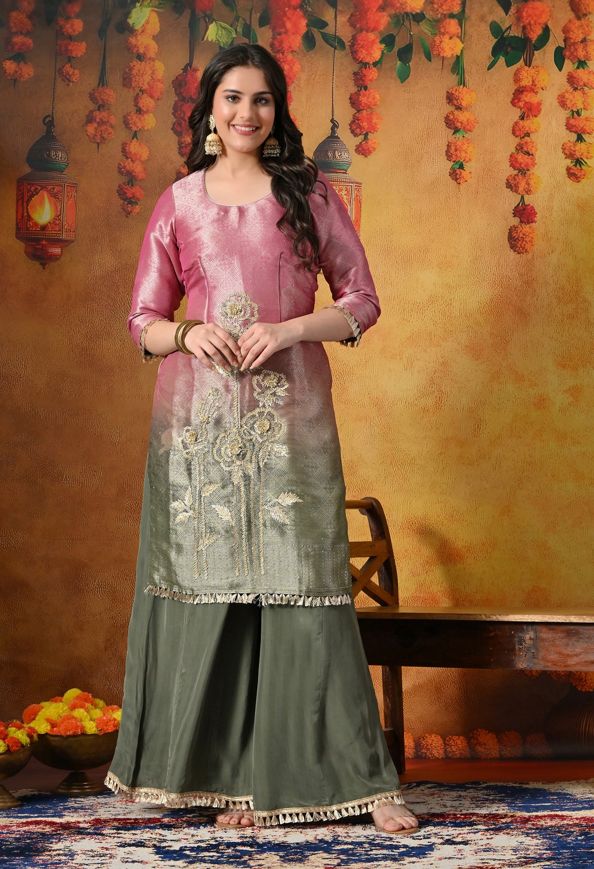 Pink & Green Sharara Set With Graceful Gotta & Crystal Embellishments