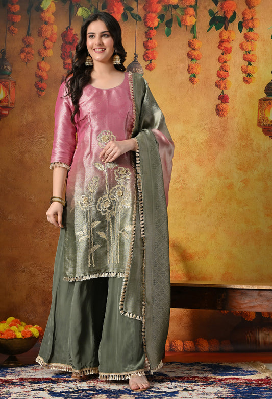 Pink & Green Sharara Set With Graceful Gotta & Crystal Embellishments