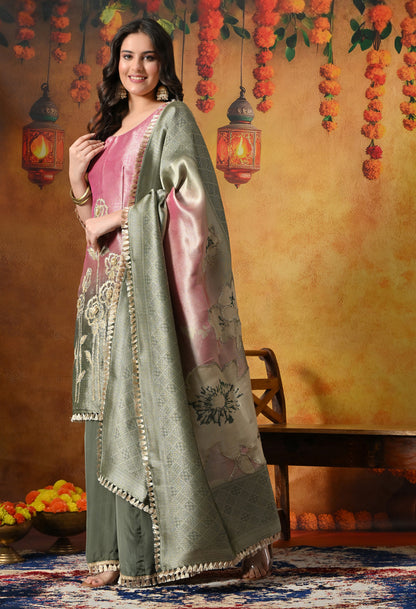 Pink & Green Sharara Set With Graceful Gotta & Crystal Embellishments