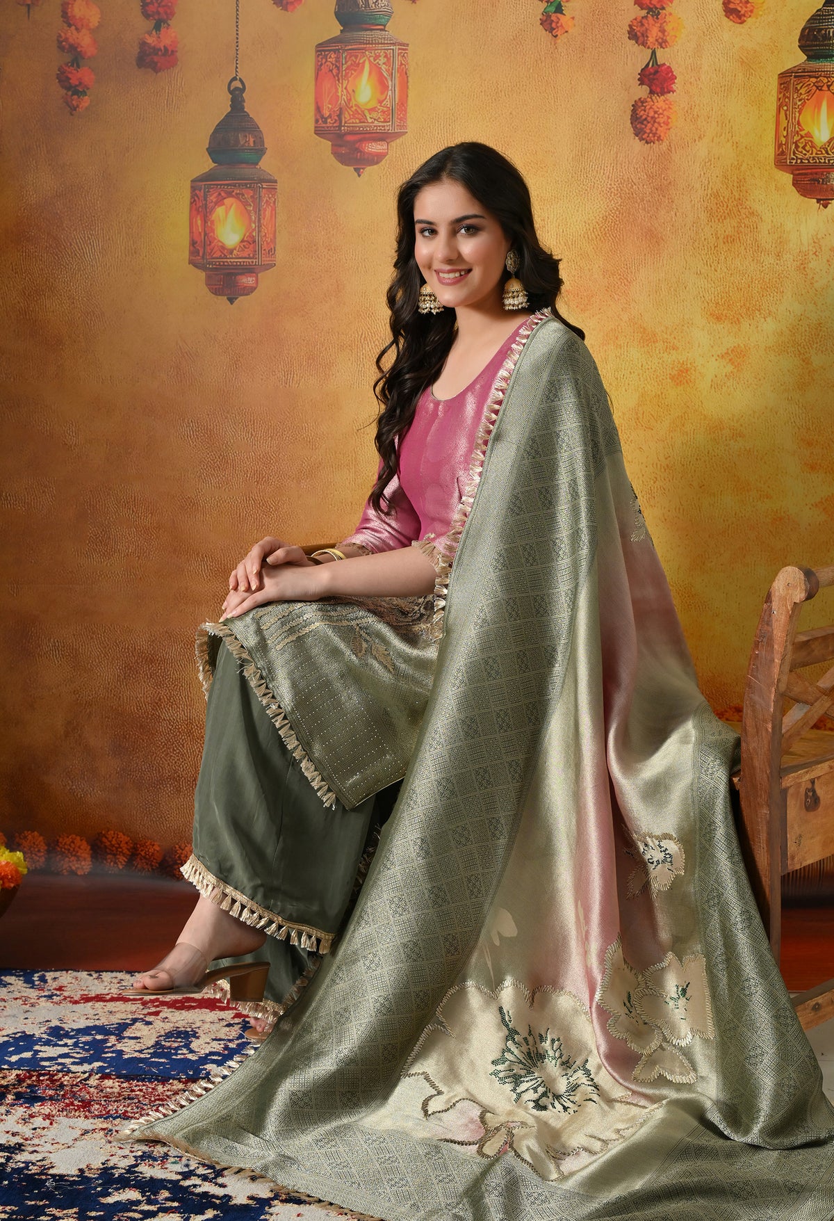 Pink & Green Sharara Set With Graceful Gotta & Crystal Embellishments