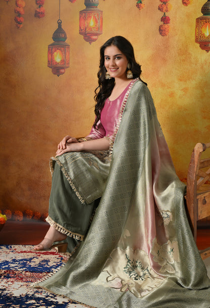 Pink & Green Sharara Set With Graceful Gotta & Crystal Embellishments