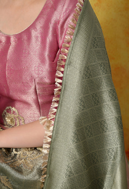 Pink & Green Sharara Set With Graceful Gotta & Crystal Embellishments
