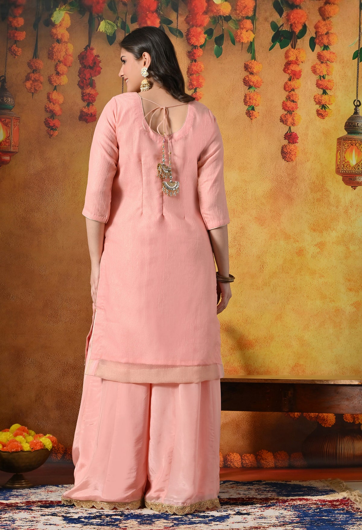 Peach Crushed Tissue Sharara Set With Gotta, Zardozi, Mirror, & Appliqué Work