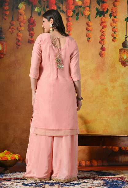 Peach Crushed Tissue Sharara Set With Gotta, Zardozi, Mirror, & Appliqué Work