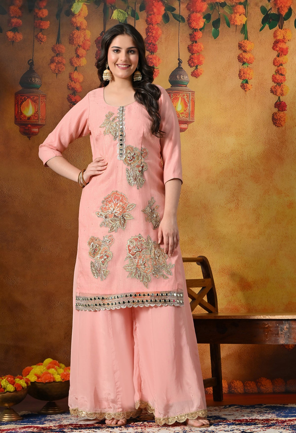 Peach Crushed Tissue Sharara Set With Gotta, Zardozi, Mirror, & Appliqué Work