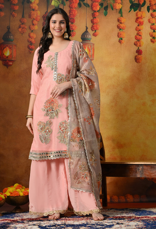 Peach Crushed Tissue Sharara Set With Gotta, Zardozi, Mirror, & Appliqué Work