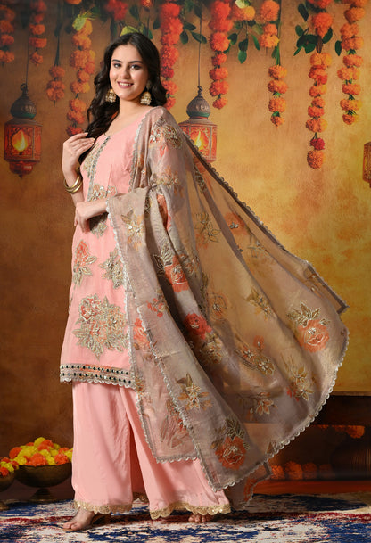 Peach Crushed Tissue Sharara Set With Gotta, Zardozi, Mirror, & Appliqué Work