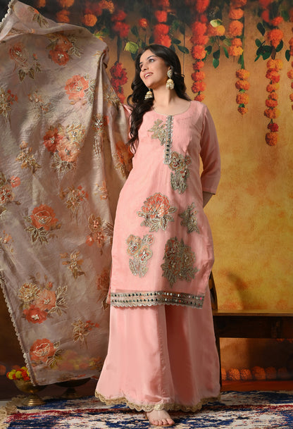 Peach Crushed Tissue Sharara Set With Gotta, Zardozi, Mirror, & Appliqué Work