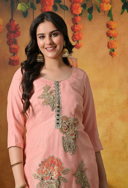 Peach Crushed Tissue Sharara Set With Gotta, Zardozi, Mirror, & Appliqué Work