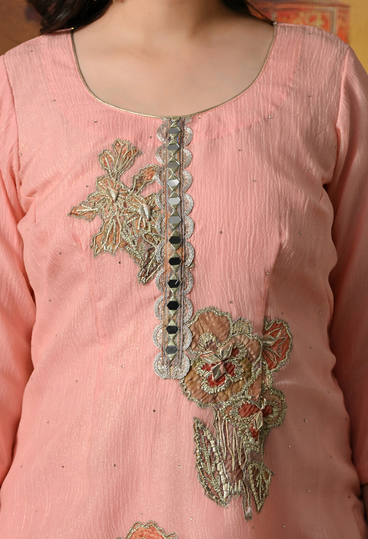 Peach Crushed Tissue Sharara Set With Gotta, Zardozi, Mirror, & Appliqué Work